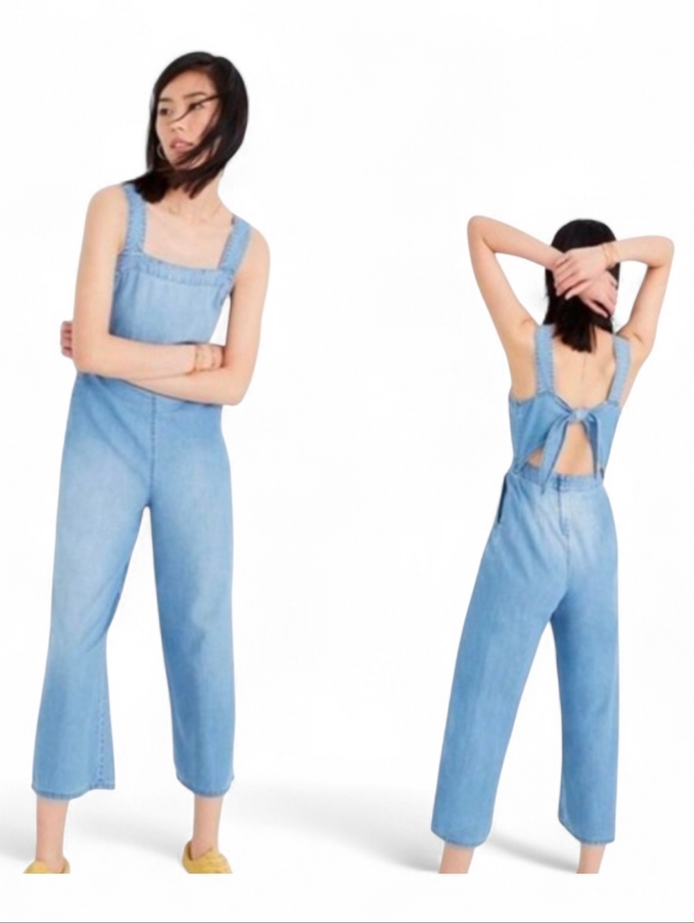 MADEWELL Denim Apron Bow Back Jumpsuit in Rhonda Wash - Size 0